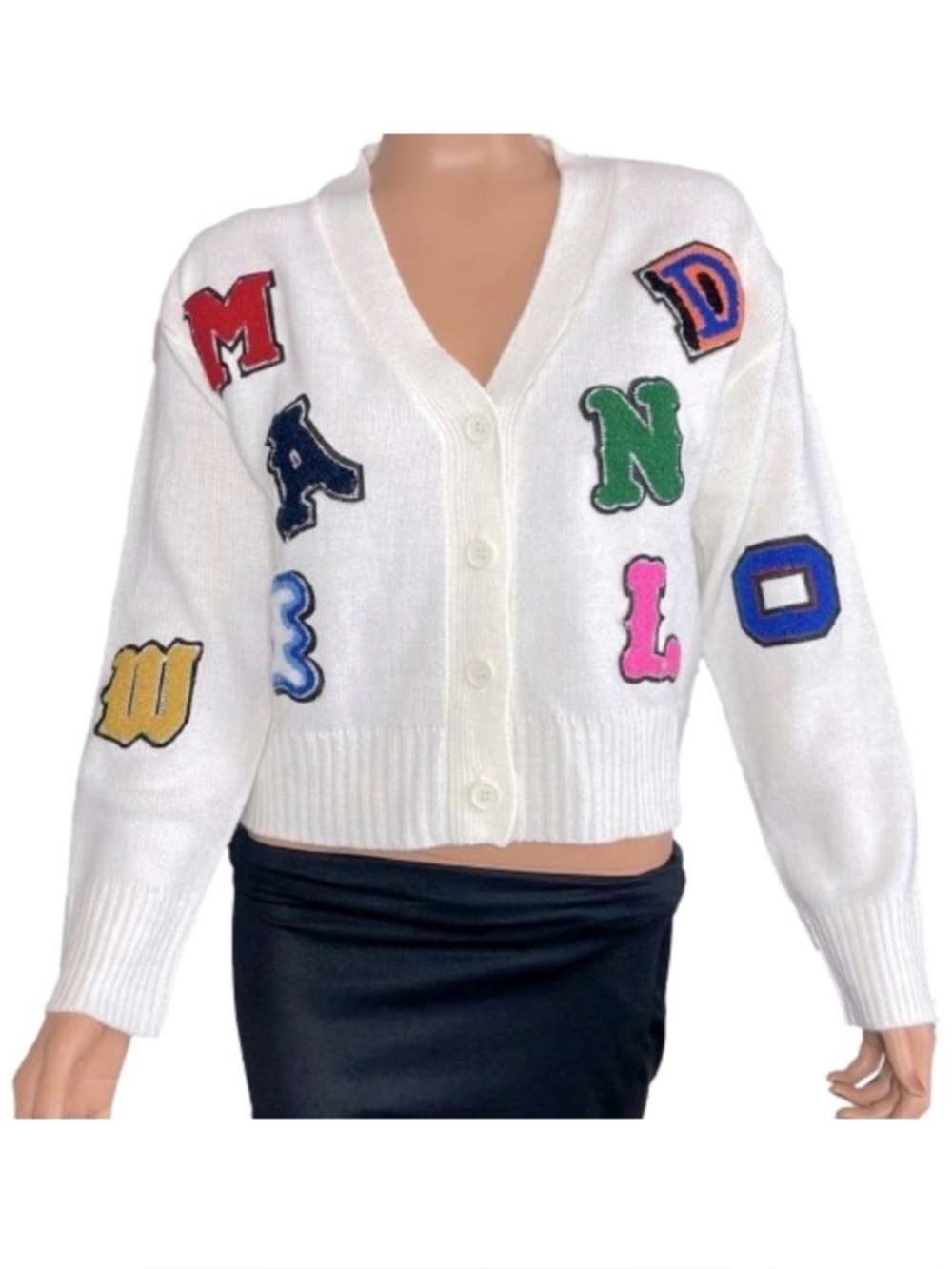 Vintage Y2K Runway 7 Preppy Letter Print V-Neck Cardigan Knit Sweater Medium